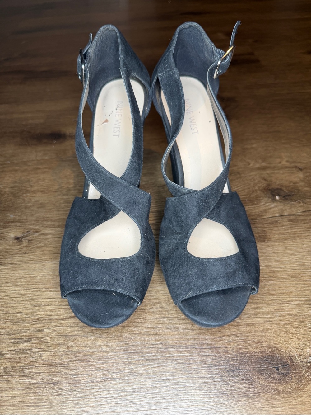 Nine West Black Suede Crisscross Open-Toe Heels